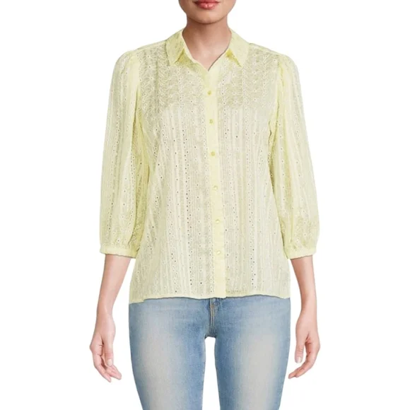 Nanette Lepore Eyelet Embroidery Blouse Three qtr Sleeve Pale Yellow Small - Picture 2 of 8